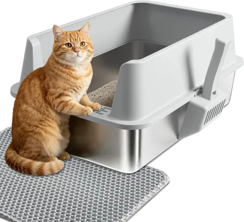Vista 7 de Caja de arena de acero inoxidable con tapa, caja de arena de metal para gatitos, cajas de arena de entrada baja con pala y alfombra, caja de arena