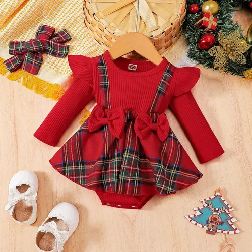 Vista 2 de Mameluco de Navidad para niñas recién nacidas, falda de malla de terciopelo rojo, traje de primera Navidad, regalo de Navidad
