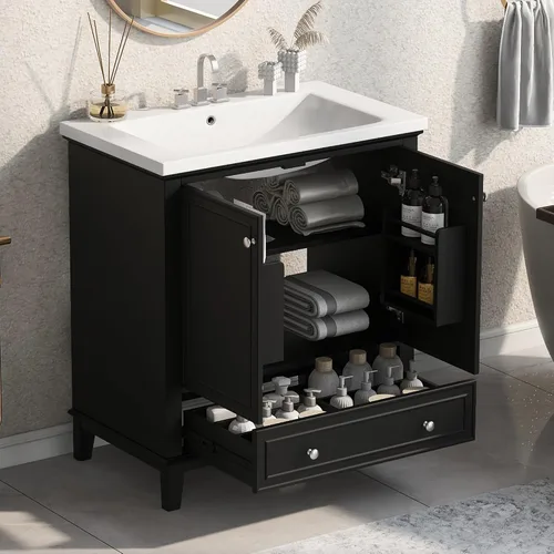 Vista 12 de Harper & Bright Designs Tocador de baño de 24 pulgadas con lavabo, tocador de lavabo individual independiente con una puerta y 3 cajones de cierre