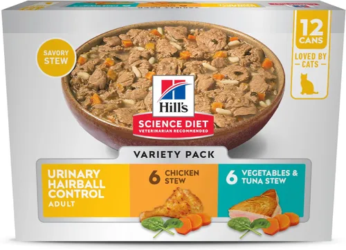 Vista 16 de Hill's Science Diet Urinary Hairball Control - Alimento húmedo para gatos adultos de 1 a 6 años, estofado de pollo y verduras, latas de 2.9 onzas