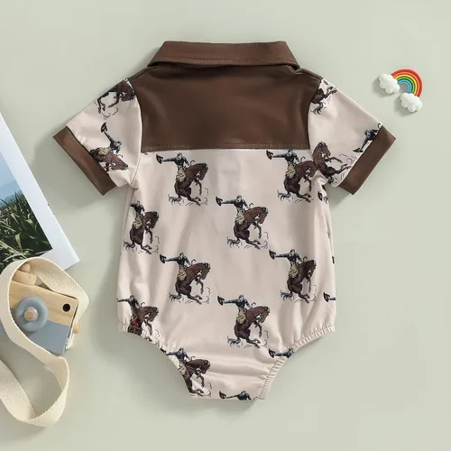Vista 3 de Omkzanbi Ropa de bebé occidental con estampado de vaca, con botones, con solapa, polo, camisa, mameluco, retro, traje de verano