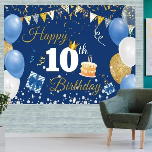 Vista 5 de Cartel de tela para decoración de cumpleaños número 10 para niños y niñas, cartel de tela de feliz 10 años, fondo de fotografía azul, suministros
