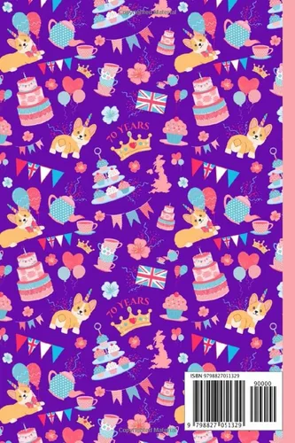 Vista 2 de Queen's Platinum Jubilee 2022 Notebook Cute Royal Garden Tea Party Patterned Design With Corgi's, crown, union jack, bunting, cakes. Perfect as a