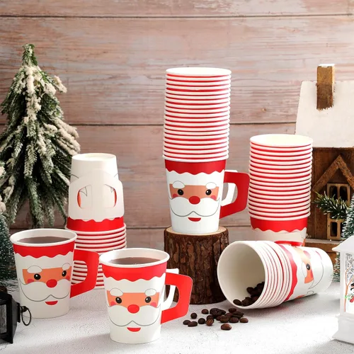 Vista 3 de Tioncy 100 vasos de papel desechables de Navidad con asas, 9 onzas, tazas de café de Papá Noel, lindos vasos desechables de chocolate caliente