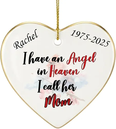 Vista 17 de Adorno de Navidad conmemorativo personalizado 2025 – Recuerdo de cerámica en forma de corazón – Tengo un ángel en el cielo I Call Her Primo – Regalo