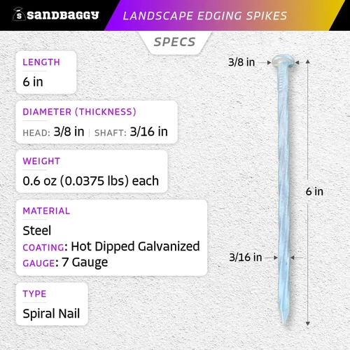 Vista 2 de Sandbaggy Estacas galvanizadas de 6 pulgadas para bordes de paisaje, clavos de paisaje en espiral, acero de calibre 7, ideales para suelos rocosos