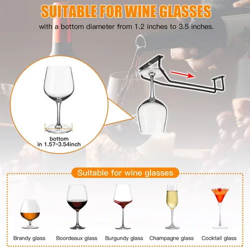 Vista 4 de Estante para copas de vino negro de 10.8 pulgadas, soporte para copas de vino debajo del gabinete, colgador de metal para almacenamiento de cocina