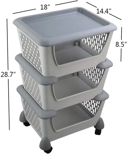 Vista 2 de Asking Cesta de almacenamiento apilable de cocina de plástico gris, cesta organizadora apilable de 3 niveles con ruedas