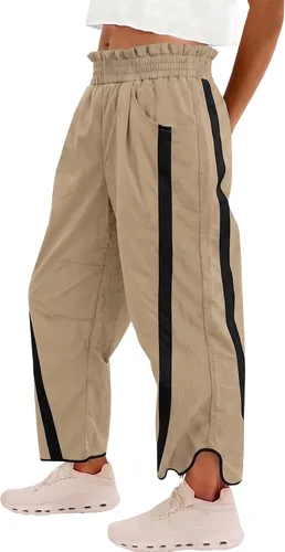 Vista 12 de Fisoew Pantalones deportivos holgados de pierna ancha para mujer, cintura Verde militar