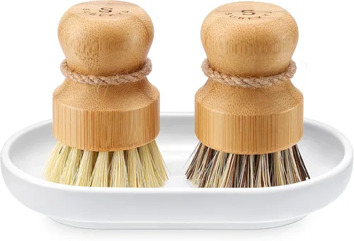 Vista 7 de SUBEKYU Cepillo de bambú para fregar platos, cepillo para verduras, 1 Base de cerámica + cepillo de sisal