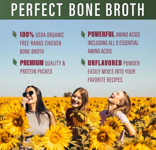 Vista 3 de Perfect Organic - Caldo de hueso de pollo en polvo, caldo de pollo bajo en sodio, caldo de hueso paleo y keto en polvo (11.64 oz), 30 porciones