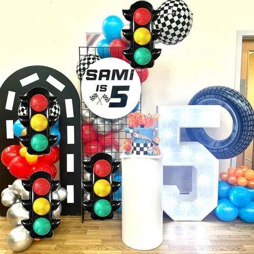 Vista 5 de 4 globos de semáforo de 23.3 x 31.7 pulgadas, suministros de decoración de fiesta de cumpleaños de coches de carreras