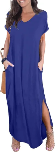 Vista 31 de GRECERELLE - Vestido largo para mujer, holgado, con bolsillos, manga corta y abertura lateral, estilo informal Verde militar