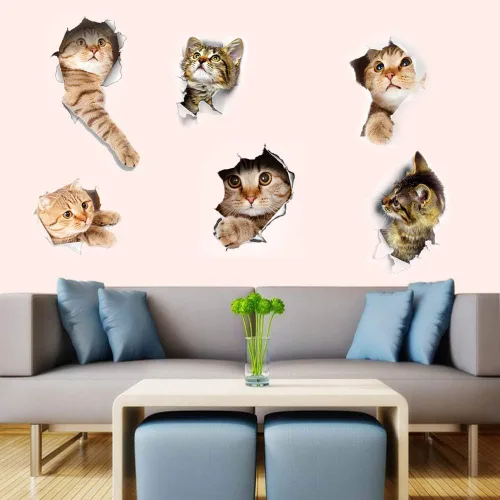 Vista 5 de 6 calcomanías de pared 3D para gatos, autoadhesivas, calcomanías de pared para niños/murales de vinilo extraíbles para sala de estar, habitaciones