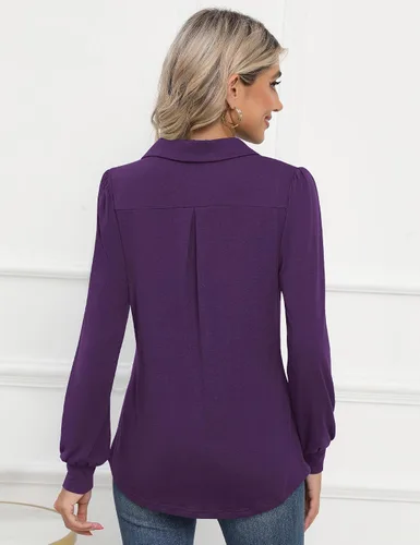 Vista 6 de LOMON Camisas tipo polo de manga larga con cuello en V y manga abombada para mujer