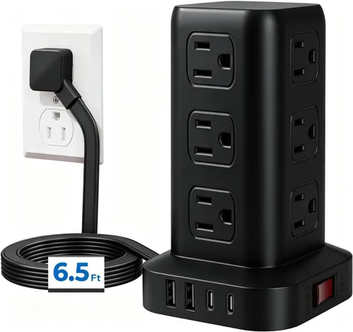 Vista 17 de Regleta de alimentación con 12 tomas, 4 USB (1 USB C), cable de extensión de 6.5 pies con múltiples tomas, estación de carga, torre de regleta