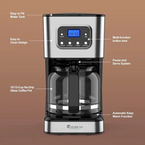Vista 5 de Cafetera programable de 10 tazas, cafetera de goteo para el hogar