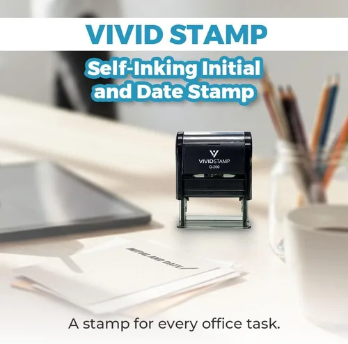 Vista 3 de Vivid Stamp Sello de goma autoentintado con inicial y fecha (tinta negra) - Q-300 Negro