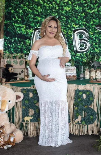 Vista 6 de ZIUMUDY Vestido largo para mujer, con hombros descubiertos, manga con volantes, encaje y sirena, para baby shower, vestido de fotografía