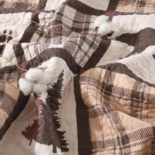 Vista 13 de Juego de edredón 100% algodón, tamaño Queen, juego de ropa de cama de retazos marrón y blanco, colcha rústica con patrón de oso de cabaña, colcha