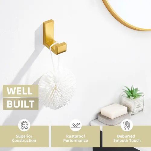 Vista 5 de Gancho Simple de Ángulo para Toalla de Baño, Gancho de Pared para Abrigatos de Ducha de Acero Inoxidable SUS 304, Perchero para Bata de Baño, Dorado