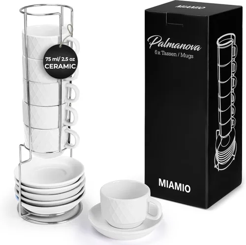 Vista 8 de MIAMIO - 6 tazas de café expreso de gres de 2.5 onzas, juego moderno de tazas con soporte y platillos - Colección Palmanova (negro) Ceramic