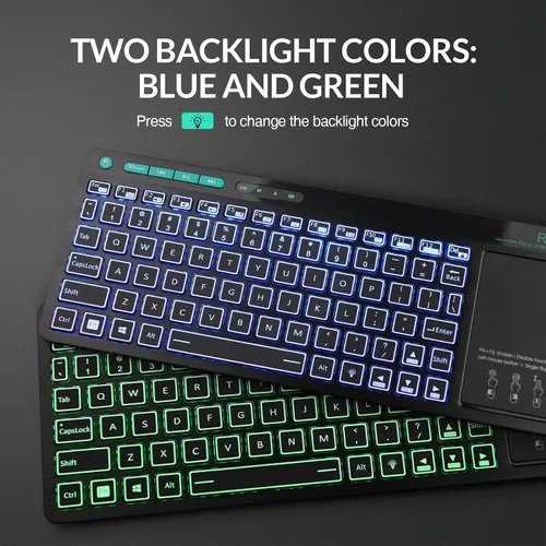 Vista 5 de Rii RT518S - Teclado multifuncional inalámbrico y Bluetooth con retroiluminación de 2 LED de color, modo dual, trackpad multitáctil de gran