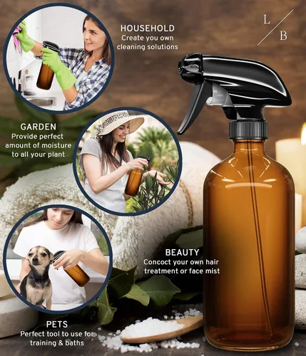 Vista 11 de LiBa Paquete de 2 botellas de vidrio ámbar, botella de spray vacía recargable de 16 onzas para limpieza, aceites esenciales, cabello, plantas