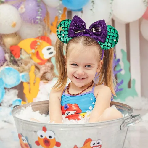 Vista 5 de ETLUK Diadema de orejas de ratón, orejas de ratón inspiradas en sirena, diadema con lazo de lentejuelas para mujeres adultas, cosplay, decoraciones