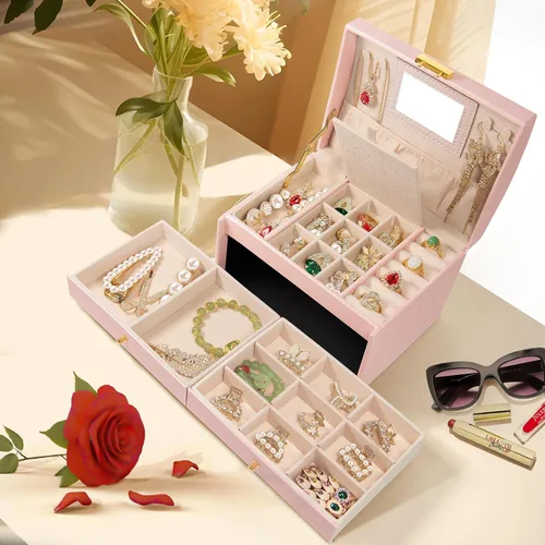 Vista 2 de Aioguisn Joyeros para niñas y mujeres, cajas de joyería de cuero de 3 capas y organizadores para niñas, joyero de viaje con espejo y cerradura