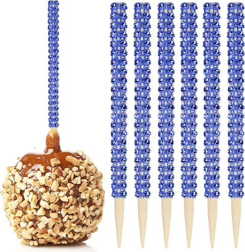 Vista 11 de 32 PIEZAS de Palitos de Manzana de Caramelo Brillantes de Bambú, Brochetas de Punta de Madera con Envoltura de Malla de Diamantes y Pedrería Negro