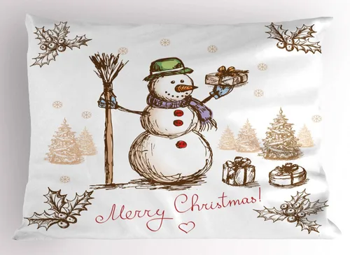 Vista 6 de Ambesonne Juego de 2 fundas de almohada navideñas, diseño de estrellas de Navidad y copos de nieve, letras retro, ropa de cama de microfibra