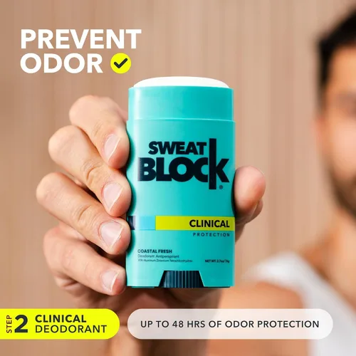 Vista 2 de SweatBlock Sistema antitranspirante y desodorante de fuerza clínica para hombres y mujeres, roll-on de 1.2 onzas líquidas para control del sudor más