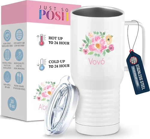 Vista 22 de Just So Posh Abuela Flowers Tumbler, Vaso de Café de Viaje con Asa y Tapa Deslizante, Blanco 20 oz Polar Camel, Acero Inoxidable, Aislado al Vacío