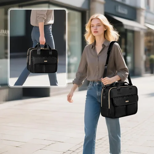 Vista 2 de Bolso para profesora con organizador de archivos de acordeón, maletín para laptop de 39.6 cm para mujeres, profesora, tutora, enfermera y Negro