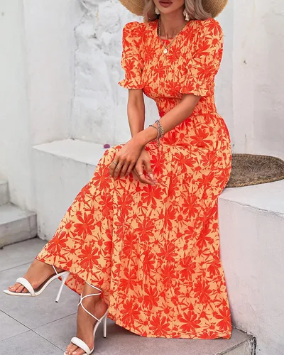 Vista 132 de BTFBM Vestidos para mujer, cuello redondo, casual, de verano, con volantes, manga corta, bohemio, con niveles, fruncido, largo, con estampado floral