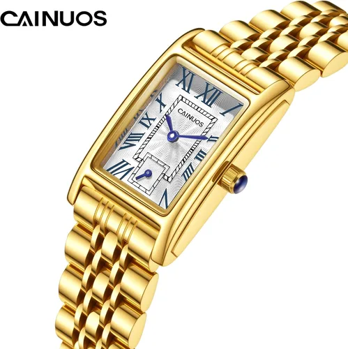 Vista 2 de Reloj de cuarzo rectangular para mujer, pulsera de acero inoxidable, esfera de números romanos, reloj de vestir delgado, resistente al agua 30M