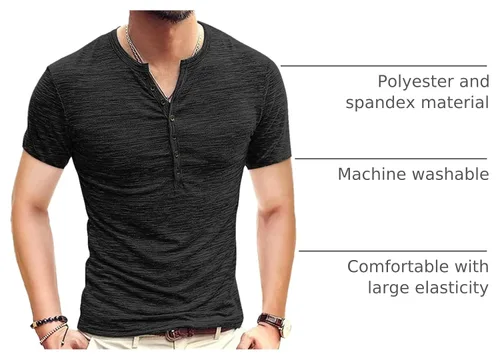 Vista 4 de KUYIGO Camisas Henley para hombre, estilo casual, ajustadas, básicas, de A01 Negro Puro