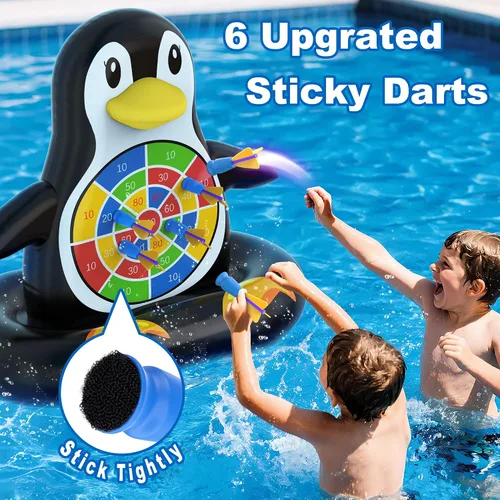 Vista 2 de MOONTOY Juguetes de piscina para niños, juego de mesa inflable de pingüino, juegos de piscina para playa y patio trasero, juguetes acuáticos