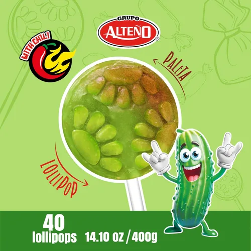 Vista 4 de Alteño (Alteno) Paletas de chile con pepino Super Pepino, dulces picantes estilo mexicano, envueltas individualmente, 40