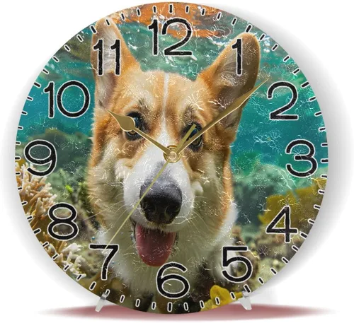 Vista 6 de Reloj de pared con aspecto corgi, funciona con pilas, silencioso, de cuarzo, analógico, rústico, estilo rural, redondo, decoración retro
