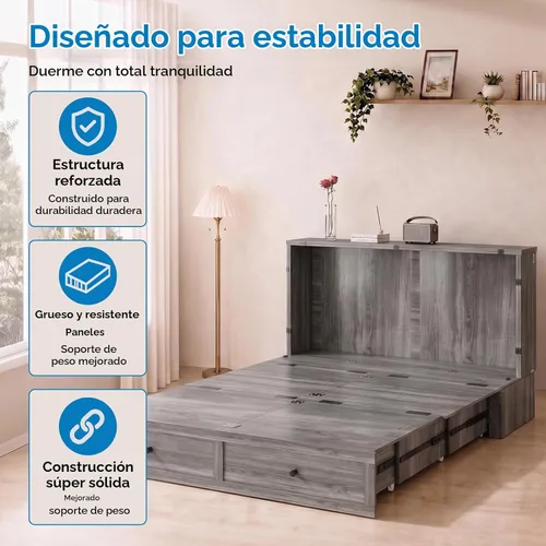 Vista 9 de Mjkone Murphy - Cama de armario con colchón plegable de tres pliegues, tamaño matrimonial, color gris