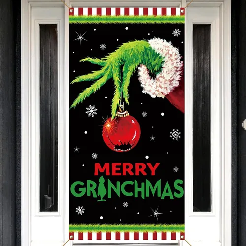 Vista 3 de Sunwer Cartel de Puerta de Feliz Navidad Cubierta de Navidad Decoración de Fiesta de Invierno de Navidad Letrero de Porche Delantero Cartel de Fondo