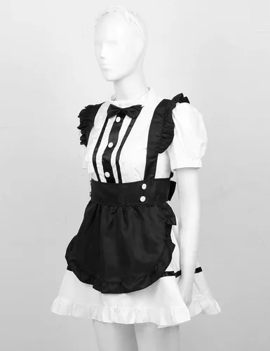 Vista 3 de dPois Womens Sexy French Maid Cosplay Apron Costume Outfits Round Neck Uniform Dress