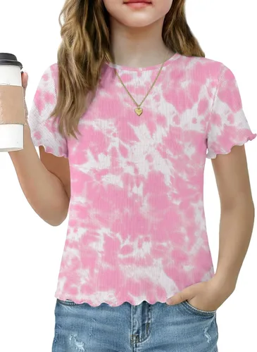Vista 25 de Arshiner Camisas de manga corta con ribete de lechuga para niñas, camisetas de verano acanaladas con cuello redondo Blanco