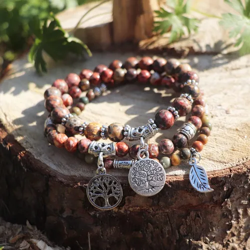 Vista 4 de YGLINE Pulseras de piedra curativa de yoga del árbol de la vida, juego de pulseras de reiki de piedra de chakra de loto multicapa, piedra natural