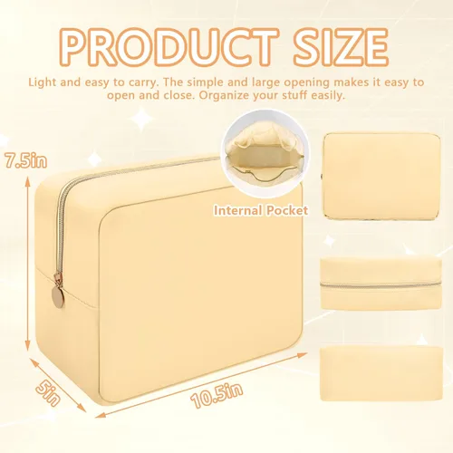 Vista 2 de Iqimott Bolsa Grande de Maquillaje de Nylon, Neceser de Viaje, Bolsa Grande de Cosméticos Preppy, Organizador de Maquillaje de Nylon, Bolsa de Beige