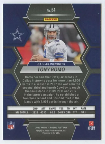 Vista 2 de 2023 Panini Mosaic #64 Tony Romo Dallas Cowboys Official NFL Football Card in Raw (NM or Better) Condition