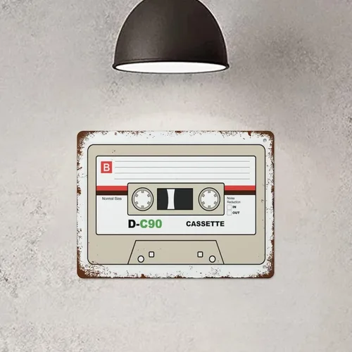 Vista 5 de Cinta de casete retro para pared, impresión de la vieja escuela, ilustración de casete de 1980 y 90, cinta mixta por divertido letrero de metal