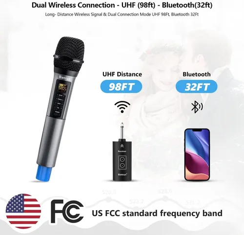 Vista 2 de Bietrun - Micrófonos inalámbricos con eco, agudos, graves y Bluetooth, rango de 160 pies, sistema de micrófono dinámico de mano UHF portátil